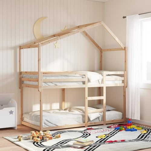 Tonture Etagenbett 90x200 cm Massivholz Kiefer, Kinder Hochbett mit Dach, Einzelbett mit Rausfallschutz, Naturholz Bettrahmen für Kinderzimmer, Robustes Jugendbett