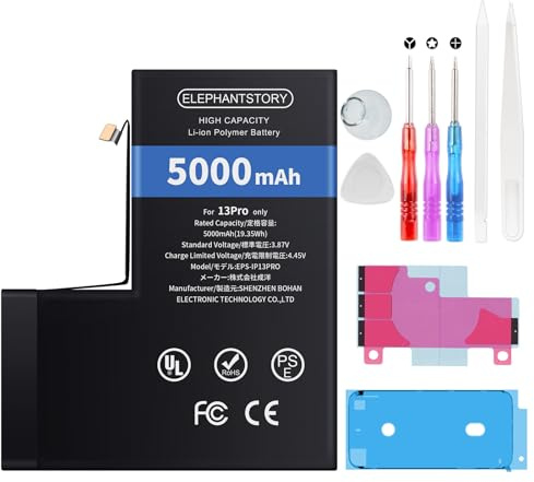 Elephantstory Batteria per Phone 13 Pro, 5000mAh Batteria ai Polimeri di Litio ad Alta Capacità con Strumenti di Riparazione e Guida Compatibile con A2638 A2483 A2636 A2639 A2640