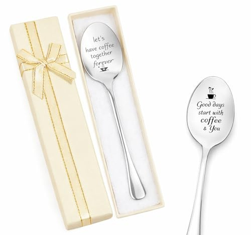 2Pack Coffee Spoon Gifts, Personalized Stainless Steel Spoon Couple Gifts with Box, Valentines Day Wedding Engagement Graduation Gifts for Couples