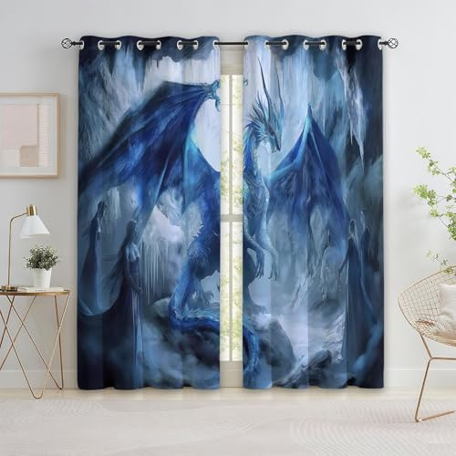Blickdichter Thermovorhang, Kälte - Hitzeschutz Vorhänge, Verdunkelungsvorhang für Kinder Teenager Mädchen Jungen, mit Muster Blauer Drache Eishöhle Mystisch Orientalisch, 166 x 75 cm H×B, 2er Set