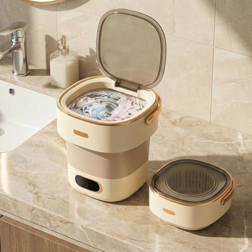 RBFGYIOP Lavatrice Portatile 13L Pieghevole con Centrifuga, Mini Lavatrice Automatica con 3 Modalità di Pulizia per Biancheria Intima, Vestiti Neonati, Calze, Campeggio e Viaggi, Spina UE, Grigio Bian