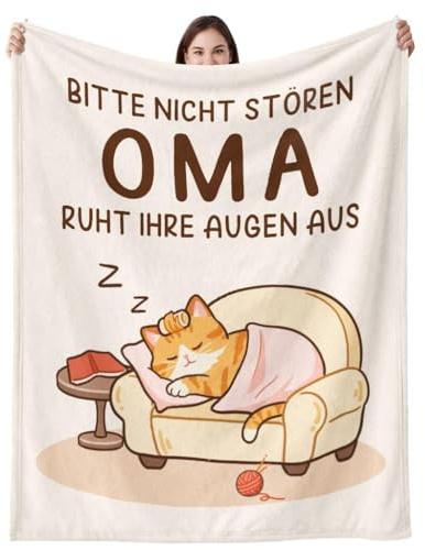 CheriGift Geschenke für Oma, Beige Katze Flanell Decke, Oma Geschenk zum Geburtstag Muttertag Weihnachten, Bitte Nicht Stören Omas Ruht Ihre Augen Aus 132 * 157 cm