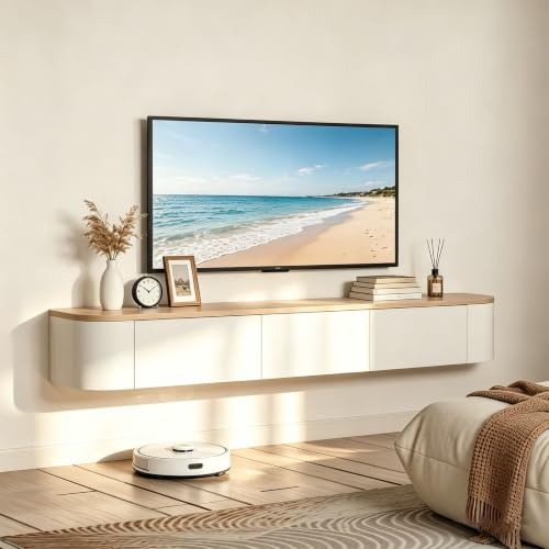 Floating TV Stand 180CM, Wall Mounted TV Cabinet, Modern Media Wall Floating TV Unit, Mounted TV Table with 2 Drawers & 1 Pull-Out Doors, TV Stands Cabinet for Living Room, Bedroom, White+Oak