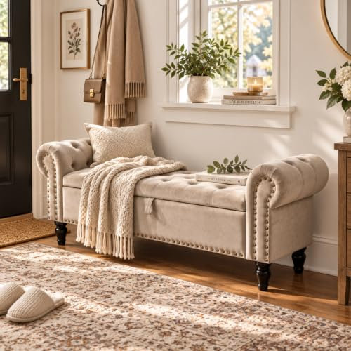 Clevich Sitzbank mit Stauraum, Sitzbänke mit Gasdruckfeder, 70L Sofa Bench | Fußbank mit Knöpfen Design, Samt Fensterbank, mit Schuhschrank, Geeignet für Eingangsbereich oder Kleiderschrank