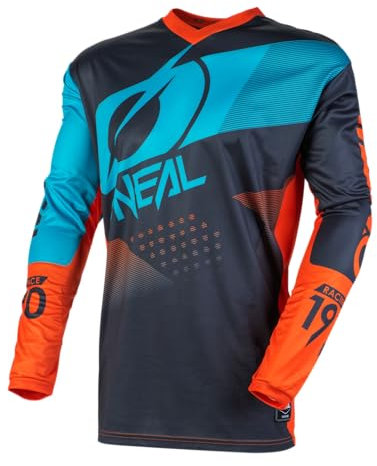 O'Neal | Motocross-Trikot | Enduro Motorrad | Passform Maximale Bewegungsfreiheit, Gepolsterter Ellbogenschutz, Atmungsaktiv | Element Jersey Factor | Erwachsene | Blau Grau Orange | Größe L