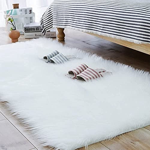 HEQUN Alfombra de Piel de Oveja sintética, Artificial Alfombra,Funda de Silla de Forro Polar Suave y mullida para recámara, sofá, Suelo (180×80 CM, Blanco)
