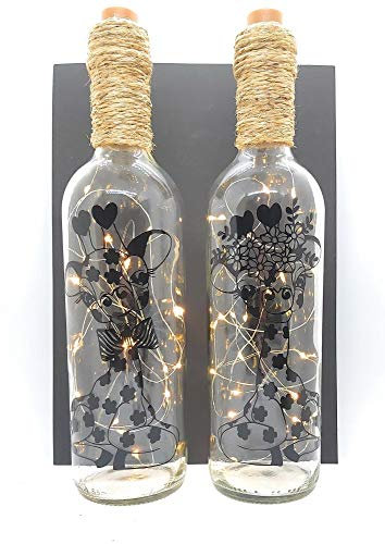 SET OF 2 GIRAFFE MANDALA STYLE VINYL DESIGN LIGHT UP BOTTLES, WINE BOTTLE, CLEAR BOTTLE, BATTERY LIGHTS, TABLE LAMP, DESK LAMP, DECORATIVE.