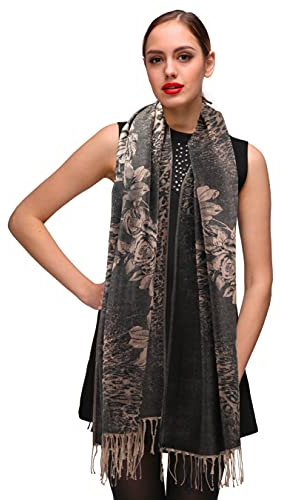 Shmily Girl Damen Pashmina Schal Stola für Frauen Schultertuch Eleganter Schal mit floralem Muster in vielen Farben (Leopard Lilie-Schwarz)