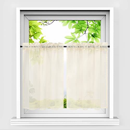 HeichkelL Scheibengardinen 2er Set Bistrogardine Voile Transparent Paarig Kurzstores Einfarbige Fensterschals Küche Vorhang Beige BxH 66x61 cm*2