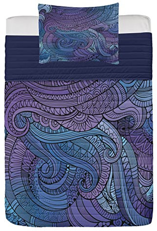 ABAKUHAUS Abstrakt Mikrofaser Tagesdecken Set, Ozean inspiriert Paisley, weiches Bettwäscheset mit Kissenbezügen und Steppdecke, 170 cm x 220 cm, Lila Blau