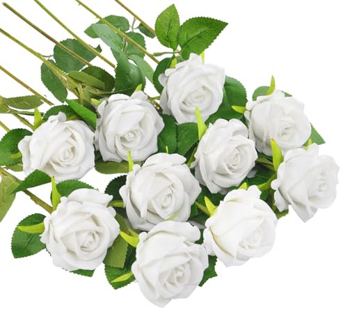 Huspox Fake Roses Artificial Flowers with Long Stem for Decoration Bouquet Wedding Floral Arrangement 10pcs (White)