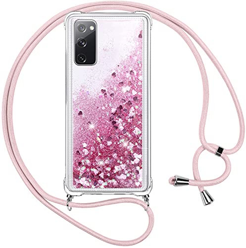 Vauki Funda para Samsung Galaxy S20 FE 5G con Cuerda,Transparente Silicona Glitter Liquida Colgar Colgante Cristal Suave Carcasa,Brillante Arena Movediza con Cordón Case para Samsung S20 FE 5G,Rosa
