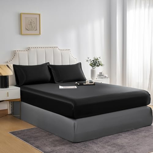 JHCHMX Satin Double Black Fitted Sheet,Deep Pocket Silkly Double Bed Sheet,Soft Satin& Wrinkle Resistant Fitted Bed Sheet Black Double 135x190cm