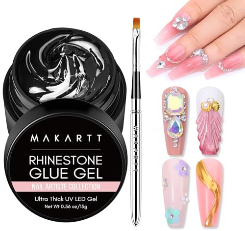 Makartt Gel de Colle Strass Ongle Nail Art Avec Pinceau, 15 ml de Gel de Colle Transparent pour Ongles Super Puissant pour Décoration d'ongles, Pierres 3D, Breloques, Fleurs