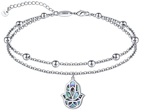 CHIC & ARTSY Womens Fußkettchen 925 Sterling Silber erstellt Opal geschichtet Fußkettchen Armband zierlich Perlen Kette Fußkettchen einstellbar 11 beste Freundin Fußkettchen für Frauen