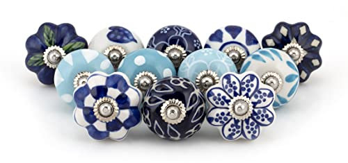 Craft Trade Cabinet Knobs Assorted Blue Door Knobs Multicolor Ceramic Pull Handle for Kitchen Cupboard Wardrobe Decorative Furniture Knobs for Bedroom - Pack of 12