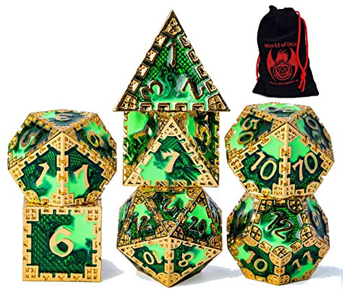 World of Dice - Metallwürfel-Set - Dragon Siege, polyedrische DND-Würfel, mit Würfelbeutel, D20 bis D6, für Dungeons and Dragons, DSA, UVM. (Gold Green)