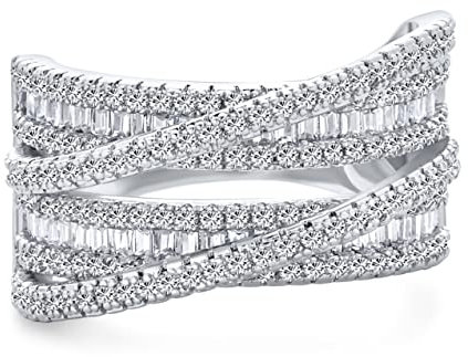 Personalisieren Art Deco Stil Pave AAA CZ Crossover Criss Cross Kostüm Faux Stacking Wide Statement Cocktail 4 Reihe Baguette Multi Band Ring für Frauen Silber Rhodiniert Anpassbar Anpassbar