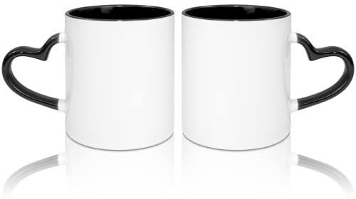 MR.R Tazas de café en blanco de sublimación de 325 ml, taza blanca con taza de color negro interior y mango de corazón, juego de 2