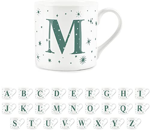 Purely Home Letter M Star Mug - Bone China White Coffee/Tea Present Gift - Alphabet Letter Mug with Stars in Teal Green Blue