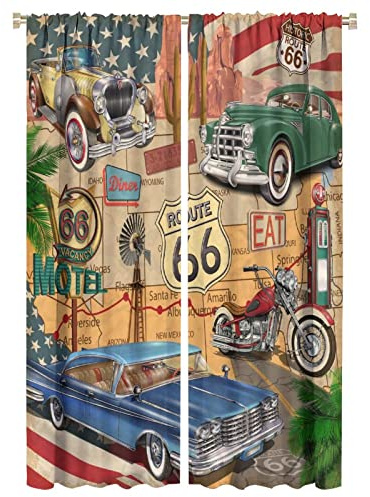 GoDazzling Antike Auto-Verdunkelungsvorhänge, Fenster, altes klassisches Auto-Thema, Vintage-Route 66 Diner-Motorrad-Vorhänge, für Wohnzimmer, Schlafzimmer, 132,1 x 213,4 cm, 2 Paneele