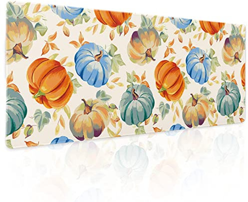 Kawani Watercolor Fall Pumpkins Gaming Mouse Pad XL Autumn Leaves Extended Big Large Desk Mat Non-Slip Rubber Base Stitched Edge Long Keyboard Mousepad for PC Computer Laptop, 31.5×11.8 in