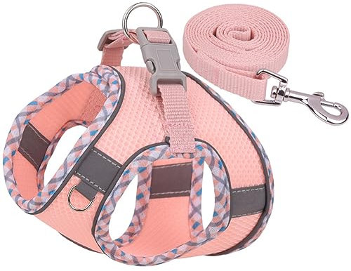 Mitili Mehrzweck Hundegeschirr mit Leine Set, Anti Zug Geschirr, Reflektierend Weich Gepolstert Hunde Geschirr, Air-Mesh Brustgeschirr für Kleine Mittlere Hunde, Haustiere, Katzen (Rosa Streifen, L)
