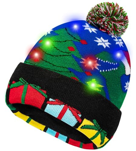 SHOKAN Light Up Christmas Hat, LED Flashing Christmas Beanie Cap with Lights, Glow In The Dark Novelty Santa Hats for Kids Adults Boys Girls, Unisex Xmas Christmas Party Hats knitted Hat