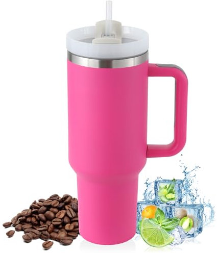 PRAOAHEI 40oz Thermobecher mit Strohhalm und Henkel, Aufgewertet Doppelwandiger Edelstahl Heiße Kalte Getränke Vakuum Trinkbecher,Kaffeebecher für Zuhause Heiß Rosa Hot Pink