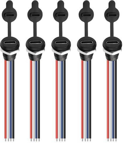 MEIRIYFA 5PCS Type-C Female Chassis 4 Pin Wire Waterproof USB-C Plug to 4 Pin Bare Wire Open End Connector Soldering Replacement Cable