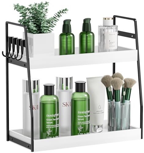 VITVITI Gewürzregal mit 2 Ebenen, Küchenregal mit 4 Haken für Arbeitsplatte, Kaffeeständer aus Holz und Metall, für Küche, Badezimmer Organizer für Schminktisch, Schreibtisch, Büro, Kaffeestation