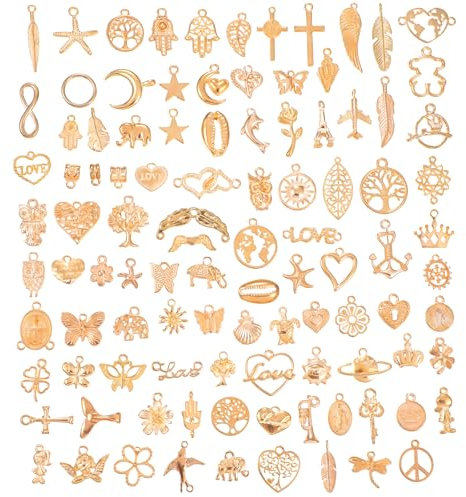 JIEYAO 100 Stück Schmuck Anhänger Set, Charms Anhänger zum Schmuck Basteln Mini Metall Anhänger Gemischte Schmuckanhänger Vintage Aesthetic Charms für DIY Halskette Armband Ohrring Bastelbedarf Gold