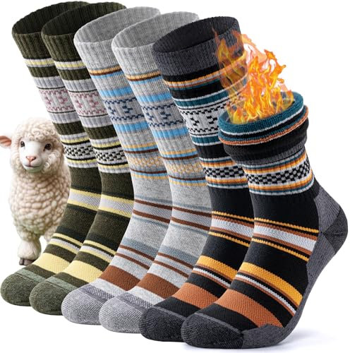 TANSTC Merino Socken Herren 43-46 Winter Thermosocken Wandersocken Damen Elastizität Wintersocken Skisocken Wärme Dicke Wollsocken Herrensocken Bequem Kuschelsocken Arbeitssocken, Mehrfarbig 3 Paar L