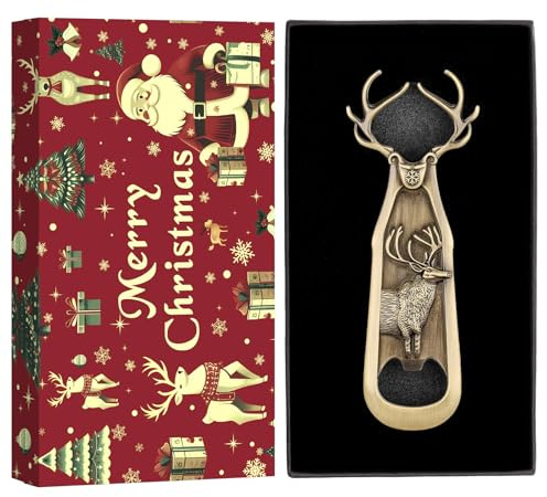 LKKCHER Weihnachtsgeschenke Verpackt Hirsch Flaschenöffner, Weihnachtsgeschenke für Männer Frauen Jäger Papa, Weihnachts Jäger Geschenke, Bronze mit Weihnachtsverpackung und Weihnachtskarte