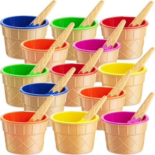 JoyServe Ice Cream Bowls and Spoons Set - (Pack of 12) Reusable Plastic Ice Cream Cups and Waffle Cone Shaped Spoons for Dessert, Frozen Yogurt, Gelato, Birthday Party Decorations