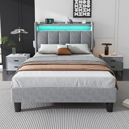 LTGB Upholstered Bed, 3ft Single Bed 90x190cm, Lower Flap Door Storage, With LED Light Strip, 4 USB Port, Durable and Sturdy, For Youth Adults & Teenagers, Velvet, Grey (90 x 190 cm)