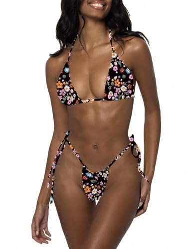 LUNNTE Damen Bikini Set Sexy Tanga String Bikini Badeanzüg Zweiteiliger Triangel mit Ring Badebekleidun Verstellbare Bademode Unterteil Seitlicher Schnürung (Gänseblümchen, M)