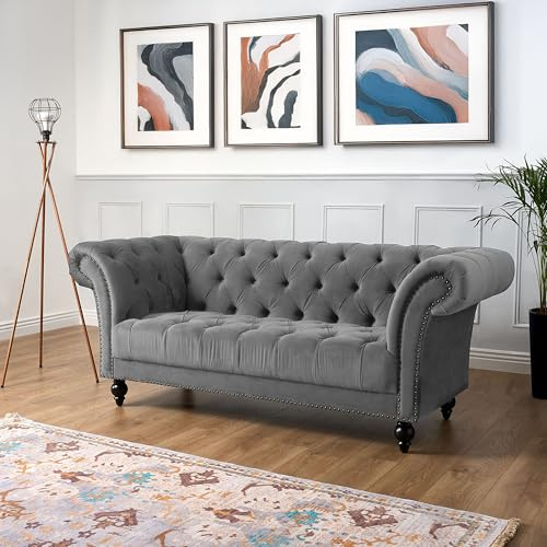 Bravich Chesterfield Velvet Sofa, Grey 3 Seater Sofa for Living Room Furniture, Classic Button Back Settee with Rolled Arms, Solid Wood Frame, 195cm x 58cm x 82cm