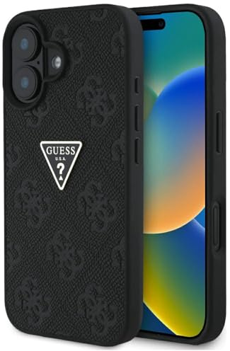 CG MOBILE Guess Hot Stamp 4G Pattern Triangle Metal Logo Hülle für iPhone 16 (Schwarz)