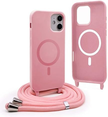YFSYLL Handykette Hülle für iPhone 12 Mini mit Band,Magnetische Silikon Handyhülle Kompatibel mit MagSafe,Handyhülle für zum Umhängen Einstellbar und Abnehmbar - Pink