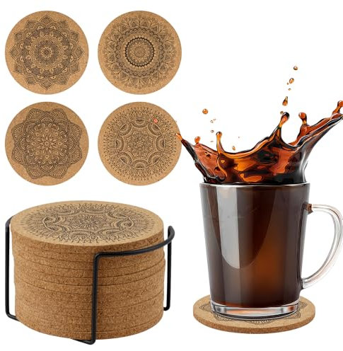 Untersetzer Kork, 12 Stück Korkuntersetzer Rund, Untersetzer für Gläser, Wiederverwendbare Tassenuntersetzer, Getränkeuntersetzer Hitzebeständiger Waschbarer für Getränke, Tassen, Glas (10 x 10cm)