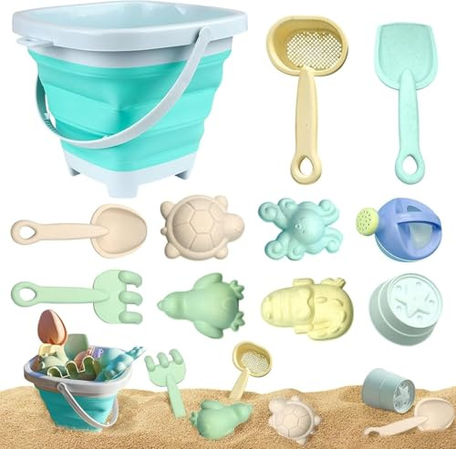 Neuytiky Jouet de Plage Enfant | 11 Pièces avec Seau Pliable & Moules Animaux | Jeux de Plage pour Sable & Mer | Seau Pelle Plage Enfant BPA-Free | 1-5 Ans (Couleurs Vives,Blauer Eimer)