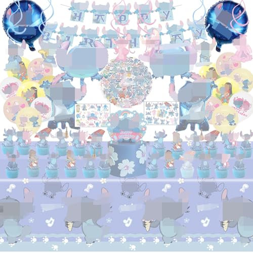 Kinder Geburtstag Party Set, 107 Stück Blau Geburtstagsfeier dekoration，Enthält Banner,Tischdecke, Tortendeko, Hängende Figuren Decoration,Tattoos für kinder,Aufklebern Anime-Folienballons