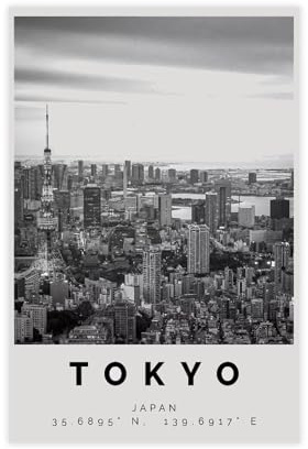 NEOHI Kunstdruck auf Leinwand, Motiv: Tokio, Schwarz-Weiß, Reise, Japan, Stadt, Reiselandschaft, Wandkunst, Poster und Drucke, Raum, ästhetisch, Schlafzimmer, Büro, Dekoration, 50 x 75 cm