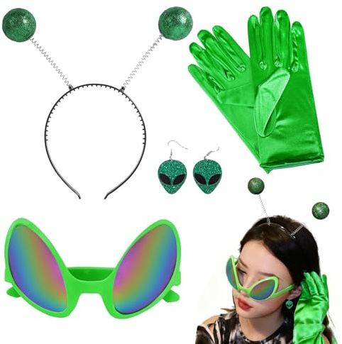 QingWing 4 Stück Alien Kostüm Set, Alienkostüm Beinhaltet Ohrringe, Brille, Handschuhe und Einen Kopfschmuck, Alien Kostüm Damen für Halloween und Mottopartys Als Requisite Fotos(Grün)