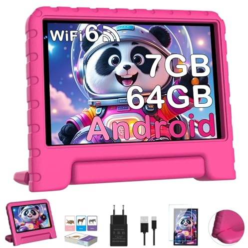 Dghrti 2025 Tablette Android 7, 7GB RAM & 64GB ROM (Extensible jusqu'à 256GB), Quad-Core, Double caméra, 3500mAh, Wi-FI 5G, contrôle Parental, Tablet étui en Silicone EVA - Rose