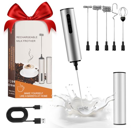 Montalatte elettrico USB ricaricabile, montalatte portatile a mano in acciaio inox con 5 fruste, design impermeabile per caffè latte cappuccino e bevande
