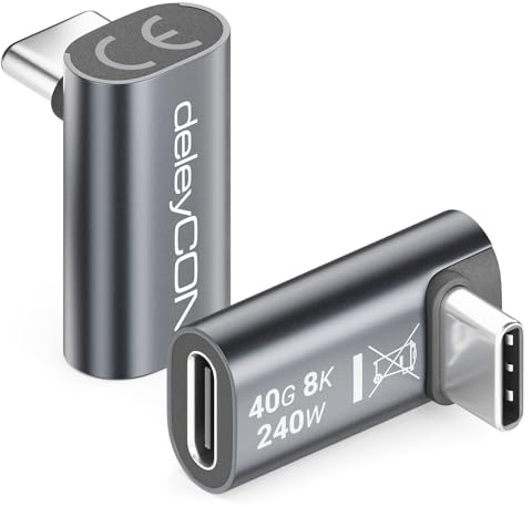 deleyCON USB-C Winkeladapter 90 Grad, 40Gbps, 240W, USB 4.0, Typ C, 2 Stück | 8K60Hz, Aluminium Gehäuse, Typ C Stecker auf Buchse, für Smartphone, Tablet, Laptop, Notebook, MacBook, PS5 usw.