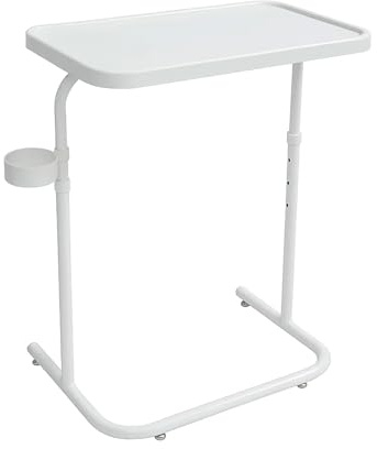 SUNNYNEST Overbed Table Adjustable Height Sofa Side Table – Foldable Metal Console Table Laptop Drink Stand for Living Room & Bedroom Hospital (White)
