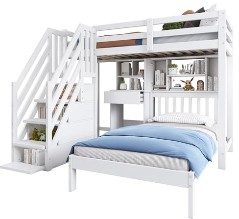 WEALTHKING Wood House Loft Bed Sleeping Solution Staircase Storage Steps Drawers Study Desk Bookshelf Cubby Shelves Guardrails Safety Ladder Alternative Slatted Base Furniture Set (White,Single)